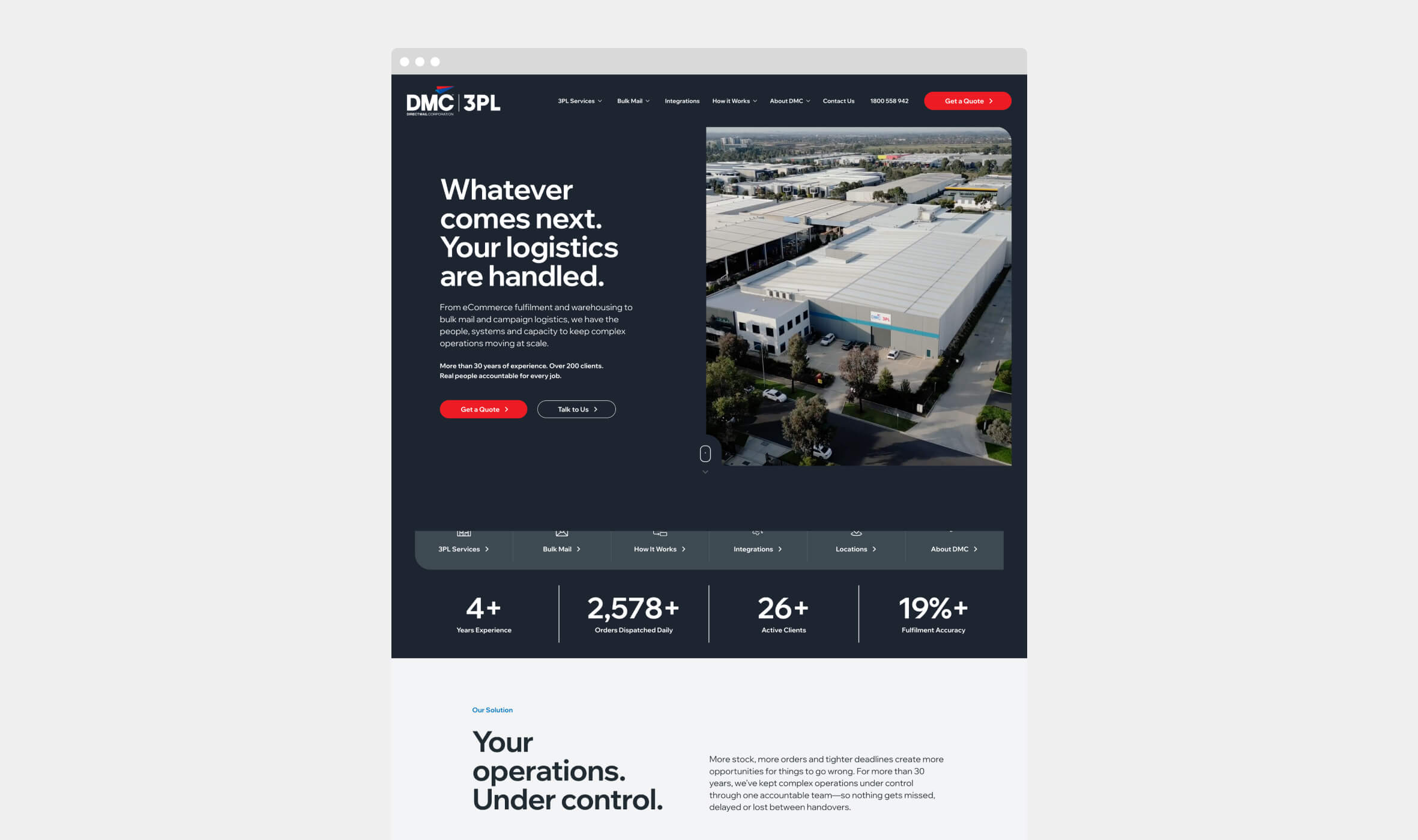 Wordpress Experts - Melbourne Wordpress Developers Wordpress Experts - Melbourne Wordpress Developers'Whatever comes next. Your logistics are handled.' on a dark background, beside an aerial photo of a warehouse campus on the right, conveying logistics services.