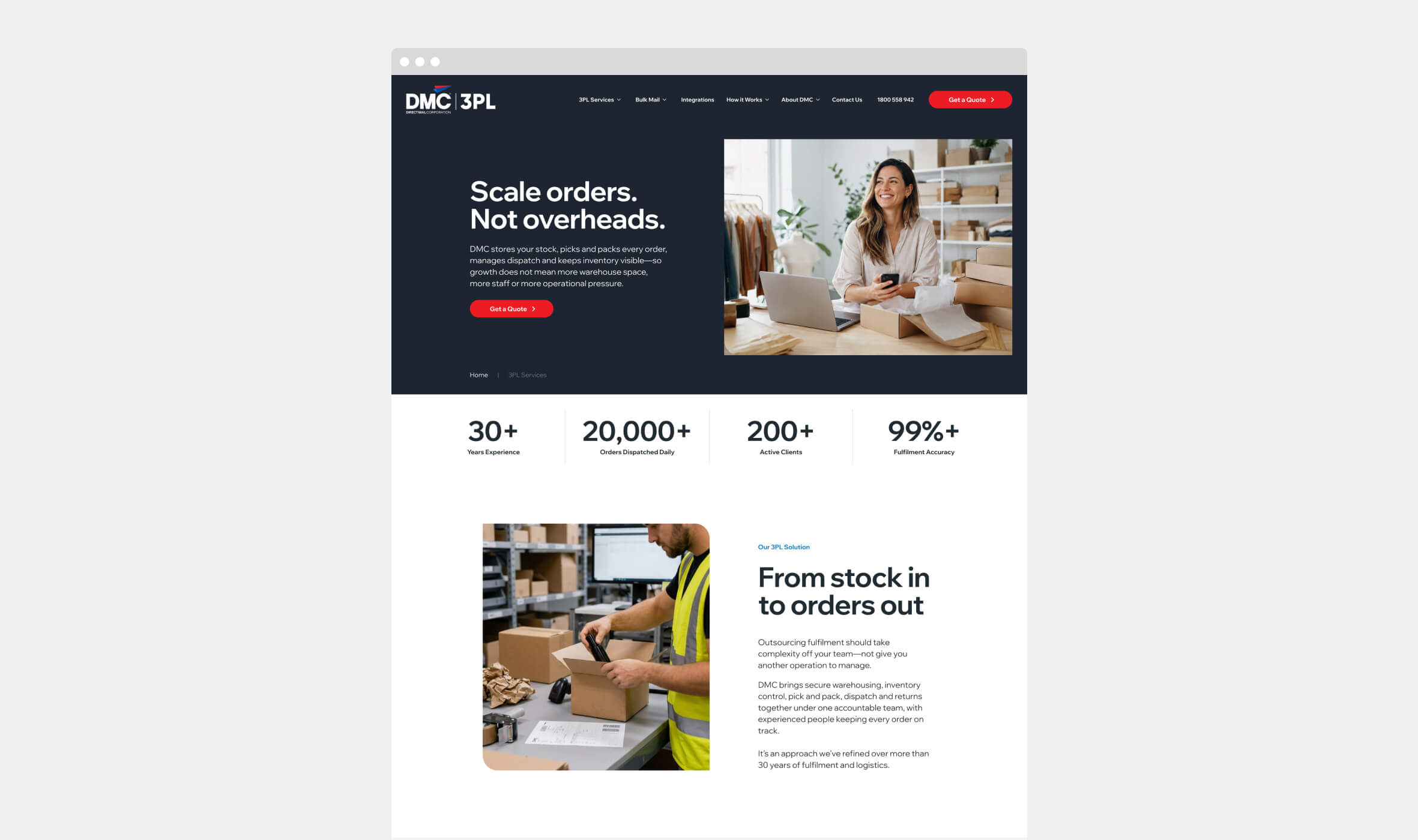 Wordpress Experts - Melbourne Wordpress Developers Wordpress Experts - Melbourne Wordpress Developers'Scale orders. Not overheads.' with a red 'Get a Quote' button; on the right, a woman with a laptop among stacked boxes in a warehouse.