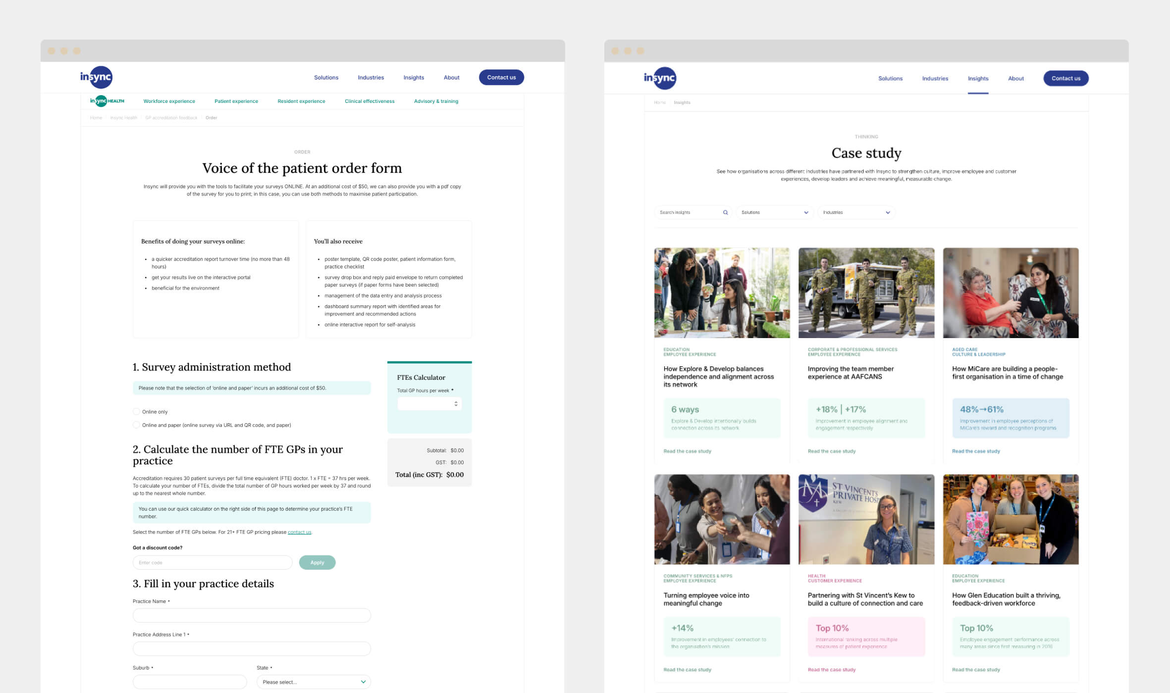 Wordpress Experts - Melbourne Wordpress Developers Wordpress Experts - Melbourne Wordpress Developers'Voice of the patient order form' with form sections, right shows a 'Case study' grid with image cards.