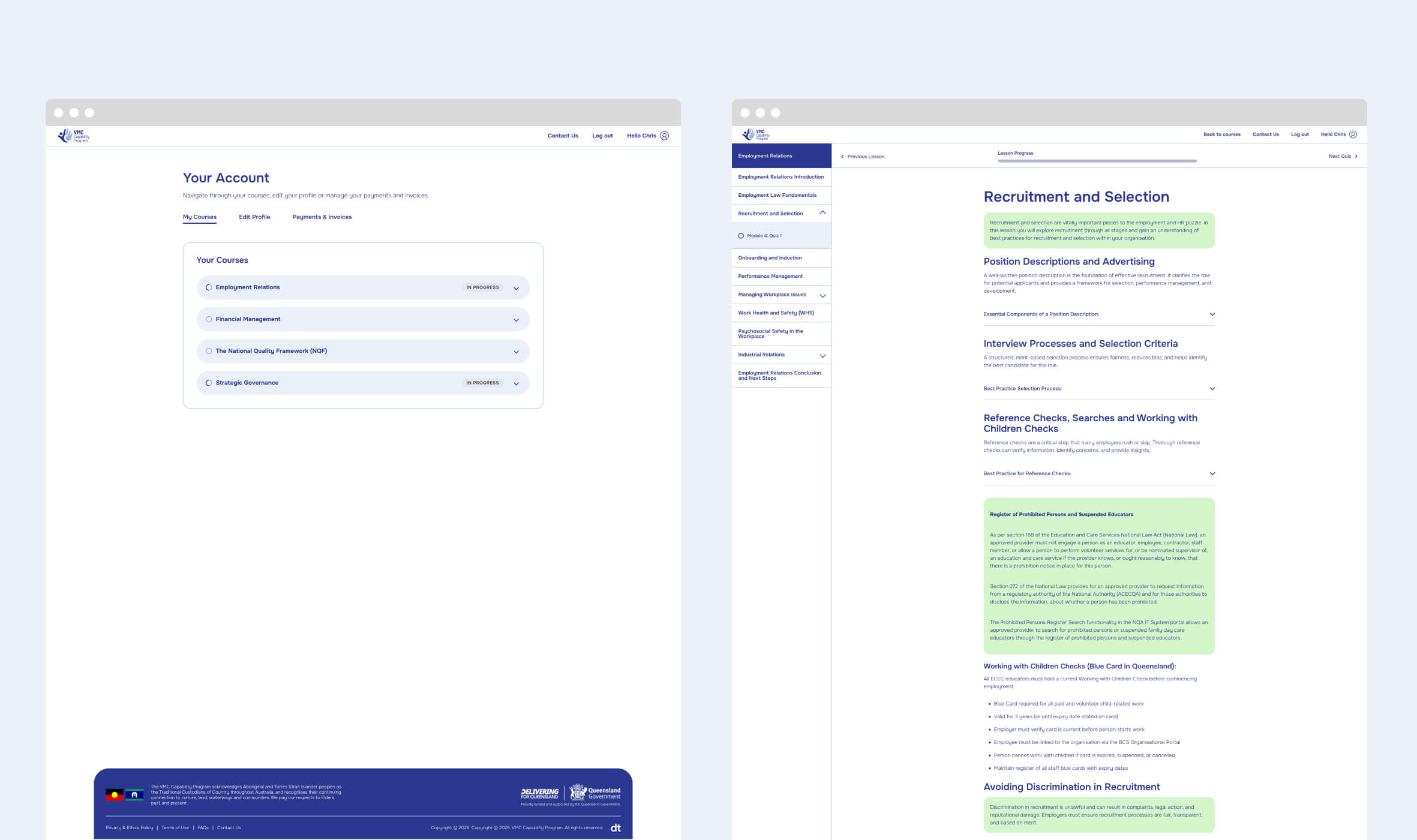 Wordpress Experts - Melbourne Wordpress Developers'Your Account' with a course list; right shows 'Recruitment and Selection' module with a side navigation panel and content area.